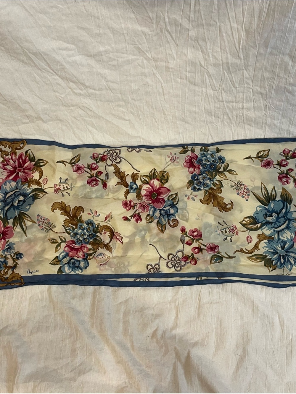 Vintage Vera Floral Scarf Blue Pink Cream Baroque Cottagecore Sheer Wrap 52โx10โ
